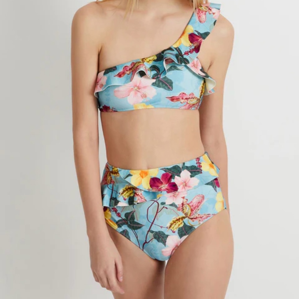 PatBO One-Shoulder Floral Bikini - Blue and Yellow